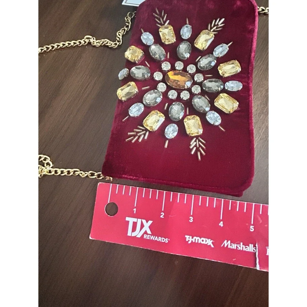 Shiraleah Burgundy Beaded Embroidered Starburst clutch Bag Gold Chain Strap new